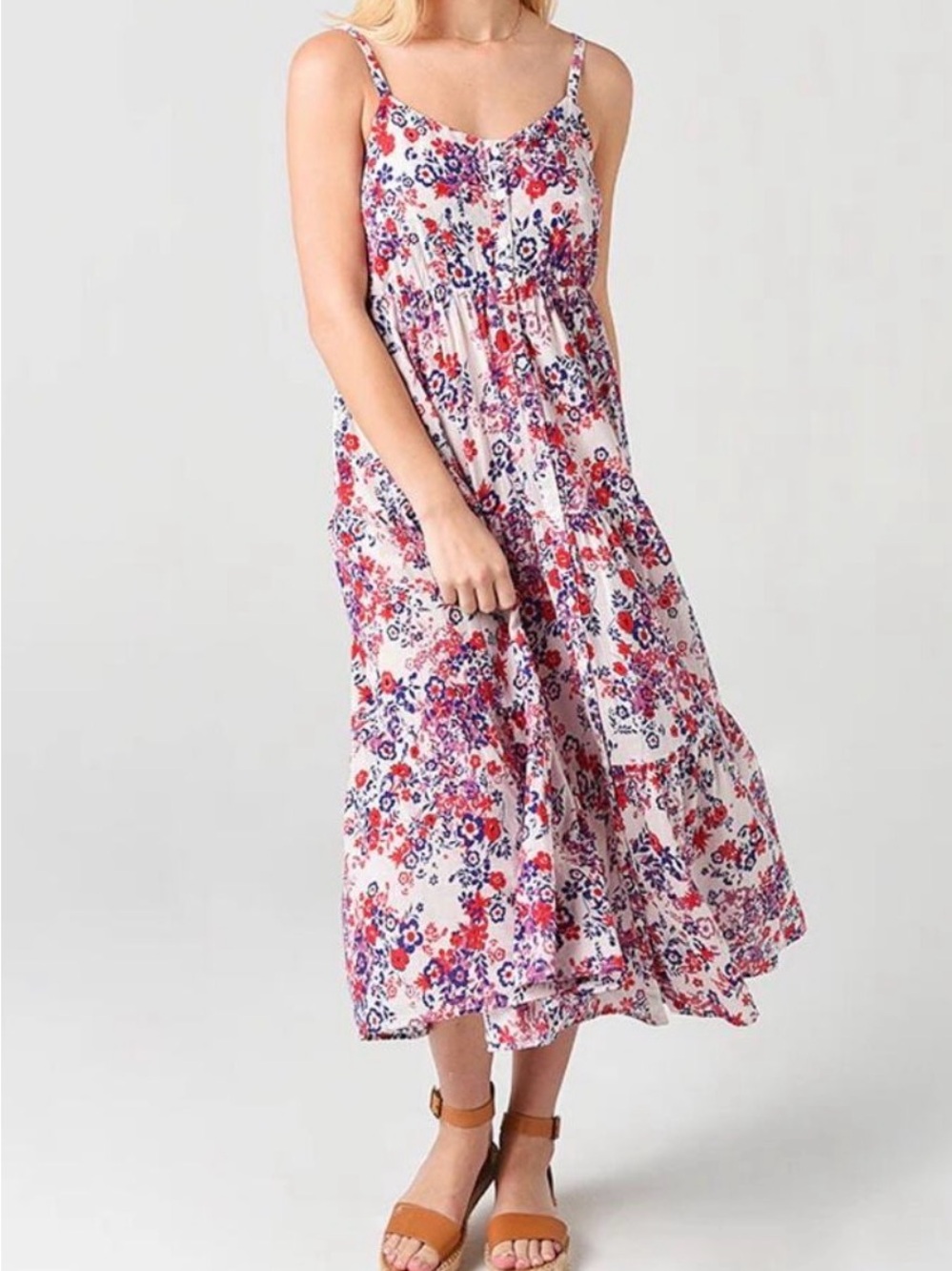 XiRENA Floral Spaghetti Strap Dress in Red, White & Blue